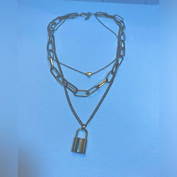 Multi chain layer necklace heart padlock paperclip chain Rock alternative - Picture 1 of 7